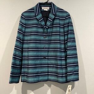 Jones Wear Turquoise and Black Striped Blazer with Shoulderpads - Size 14